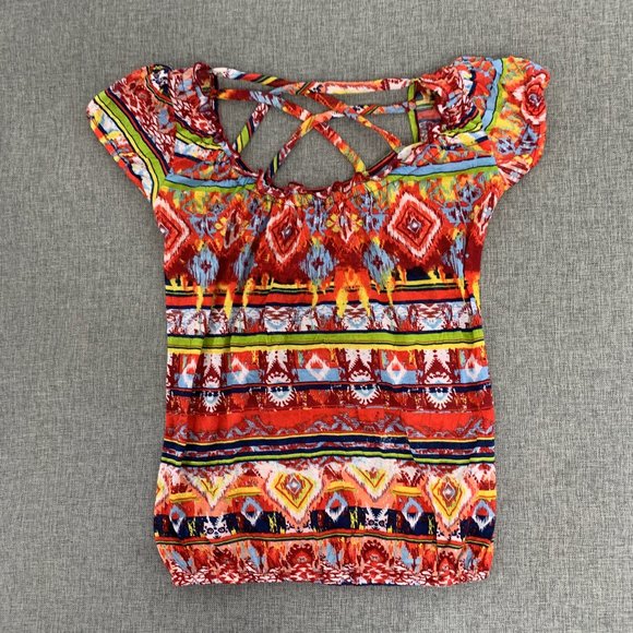 Belle Du Jour Multicolor Shirt Short Cap Sleeve Small Polyester Crisscross Back - Picture 1 of 14